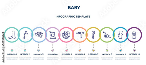 baby concept infographic design template. included ankle, medical clamp, infection, hair wash, microscopic, medical drill, floss, handicap, baby powder icons and 10 option or steps.