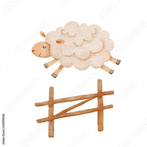 Cute cartoon sheep jumping over fence. Counting sheep to fall asleep. Good night sleep metaphor poster. waterolor illustration isolated on white. photo