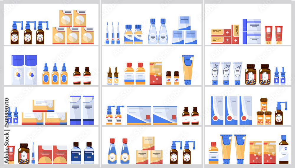 Different medicine,drug products in the pharmacy store on shelves.Flat vector