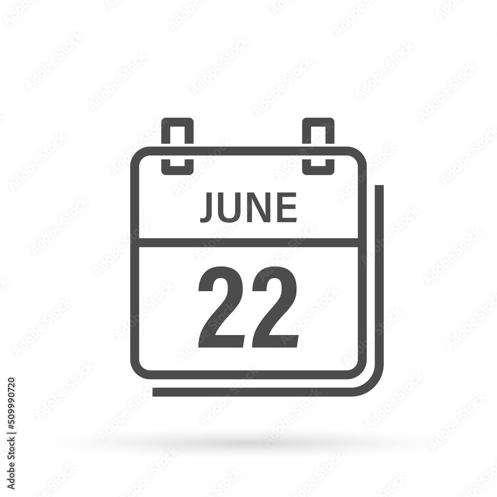 June 22, Calendar icon with shadow. Day, month. Flat vector illustration. June 22, Calendar icon with shadow. Day, month. Flat vector illustration.