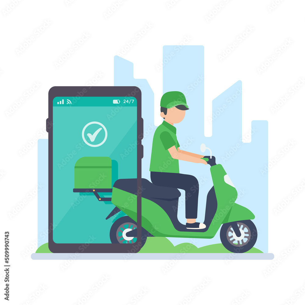 The delivery driver drives through a mobile phone with a map screen. online food delivery concept