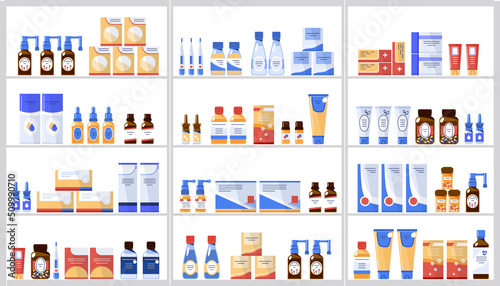 Different medicine,drug products in the pharmacy store on shelves.Flat vector