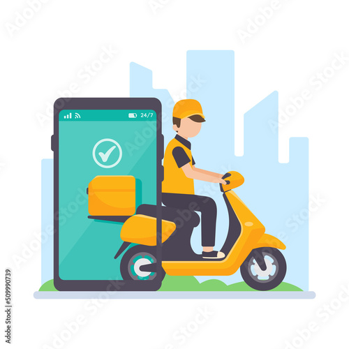 The delivery driver drives through a mobile phone with a map screen. online food delivery concept