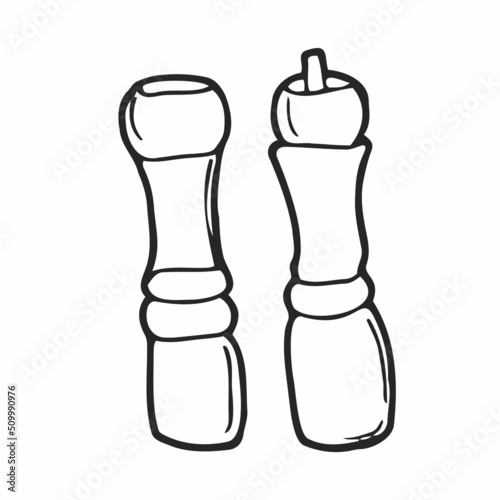 pepper grinder, salt spice shaker, black pepper mill vector doodle. Seasoning hand grinder. Restaurant kitchen tool. isolated graphic illustration