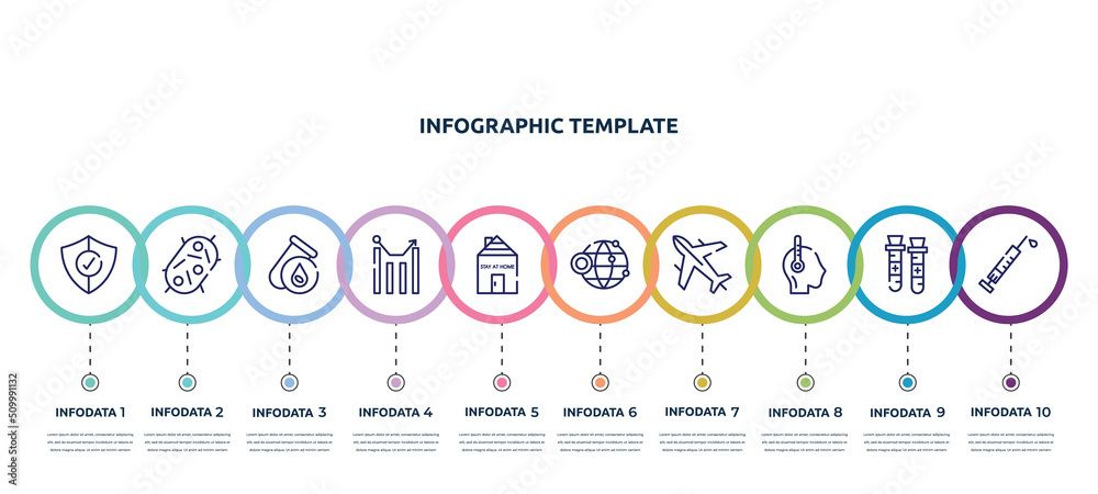 concept infographic design template. included protection, bacteria, blood test, statistics, stayhome, website, airplane, fever, vaccine icons and 10 option or steps.