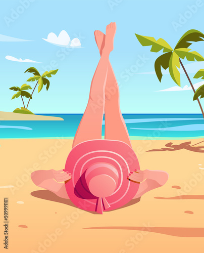 Pretty Woman sunbathing on the beach in a hat. Summer background. Female Cartoon character.