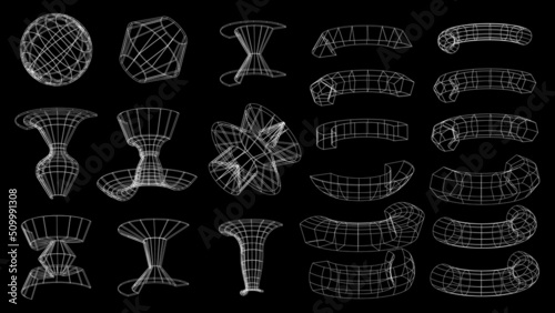 Set of abstract geometric technology elements in cyberpunk style. Retro vintage collection 3d virtual digital design. Texture 80s vr. Futuristic metaverse pattern. Vector isolated template background