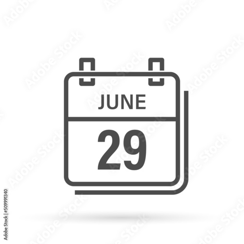 June 29, Calendar icon with shadow. Day, month. Flat vector illustration.