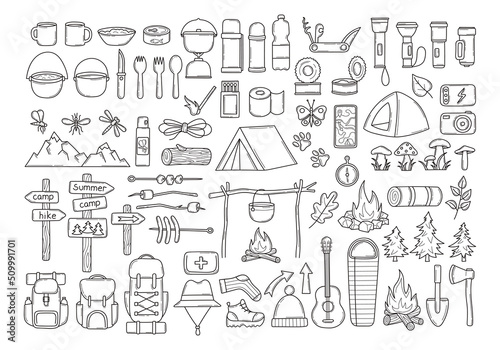 Large set of hiking equipment in doodle hand drawn. Items for summer camping, trekking. Travel supplies icons for outdoor base camp. Isolated sketch vector illustration