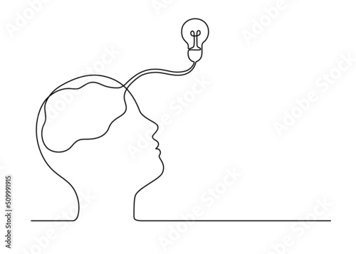 Man thinking and imagination mind idea with lightbulb in his head and brain, continuous single one line drawing. Power think, creative, solution, success, education concept. Vector outline