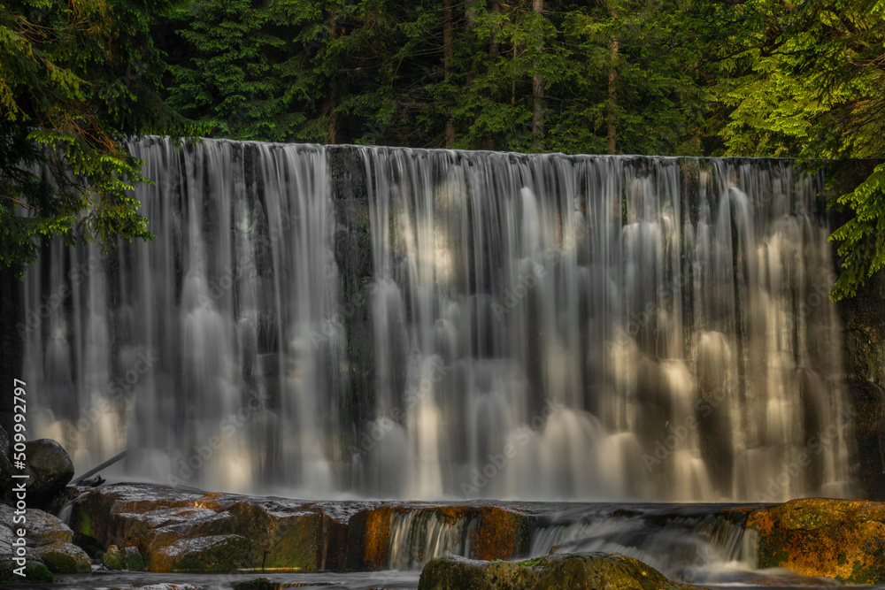Dziki waterfall in Karpacz town in Krkonose mountains in spring fresh morning - obrazy, fototapety, plakaty 