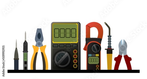 Tools for electrician. Repair of radio electronic and microprocessor equipment. Spare parts components and service. Isolated on white background. Vector