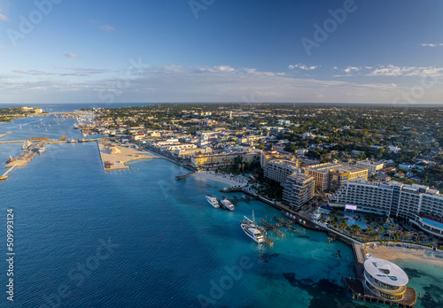 The drone aerial view of downtown district of Nassau city and port , Bahamas.
