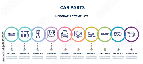 car parts concept infographic design template. included car bumper, car pedal, cylinder, petrol gauge, bucket seat, boot, roof, grille or radiator grille, bonnet icons and 10 option or steps.