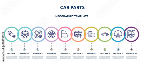 car parts concept infographic design template. included car camshaft, car tyre, gasket, sprocket, trim, demister, wheel nut, hard top, ammeter icons and 10 option or steps.