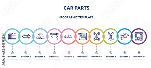 car parts concept infographic design template. included car radiator, car indicator, rear-view mirror, torsion bar, brake pad, glove compartment, axle, chassis, accelerator icons and 10 option or