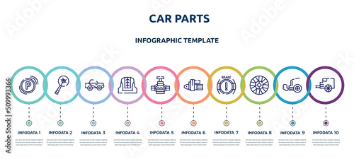 car parts concept infographic design template. included car parking light, car crank, soft top, cowl, jack, starter, brake light, hubcap, tailpipe icons and 10 option or steps.
