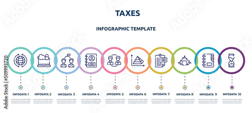 taxes concept infographic design template. included worldwide, cybercrime, competitor, personal profile, peer to peer, pyramid chart, enquiry, proof of burn, sand clock icons and 10 option or steps.
