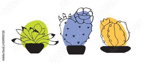 Doodle set with different cacti in flowerpots. Vector background. Hand drawn style
