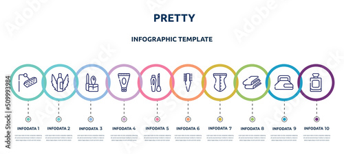 pretty concept infographic design template. included shower head, aloe vera, manicure, anti aging cream, liquid lipstick, two side comb, cor, folded towel, french perfume bottle icons and 10 option