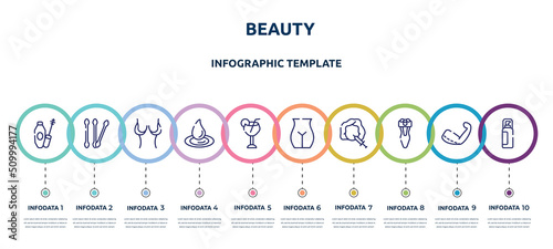 beauty concept infographic design template. included mascara, cotton swab, breast reduction, waterdrop, margarita, , mesotherapy, electric shaver, hair spray icons and 10 option or steps.