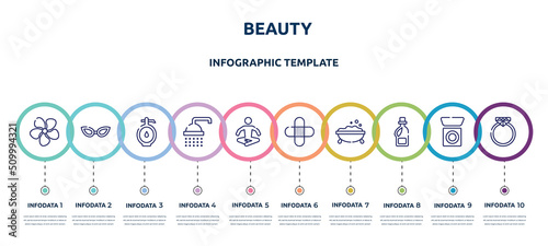 beauty concept infographic design template. included jasmine, cat eye glasses, doser, bathing, relaxation, band aid, foam, softener, diamond ring icons and 10 option or steps.