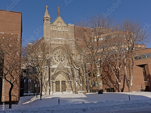 aint James united church in the snow, Montreal. Protestant heritage church in gothic revival rchitecture style,  photo