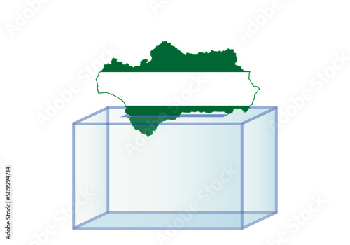 Elecciones en Andalucía, urna de cristal con mapa y bandera de Andalucía
