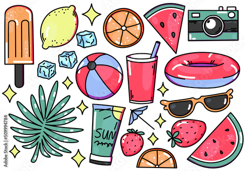 Set of summer holiday items in bright colors isolated on white background