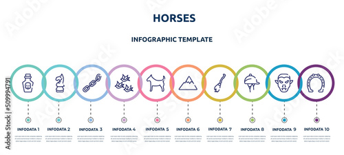 horses concept infographic design template. included poison, horse head chess piece, chains, birds group, plain dog, mountain range, broom, hat for a jockey, horseshoe tool icons and 10 option or