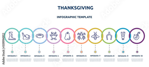 thanksgiving concept infographic design template. included wellington, snails, rugby ball, monster, pear, insect, beekeeper, wishbone, punch bowl icons and 10 option or steps.