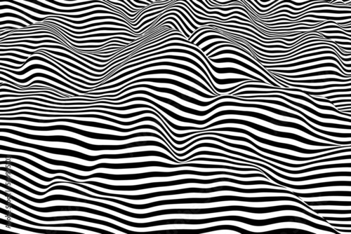 Smooth flowing striped wave background. Black and white wavy liquid lines surface. Digital geometric pattern design