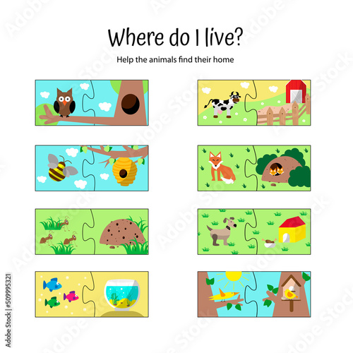 Matching children educational game. Where do animals live. find animal house. Animal puzzles. Connect two pictures. game for preschoolers