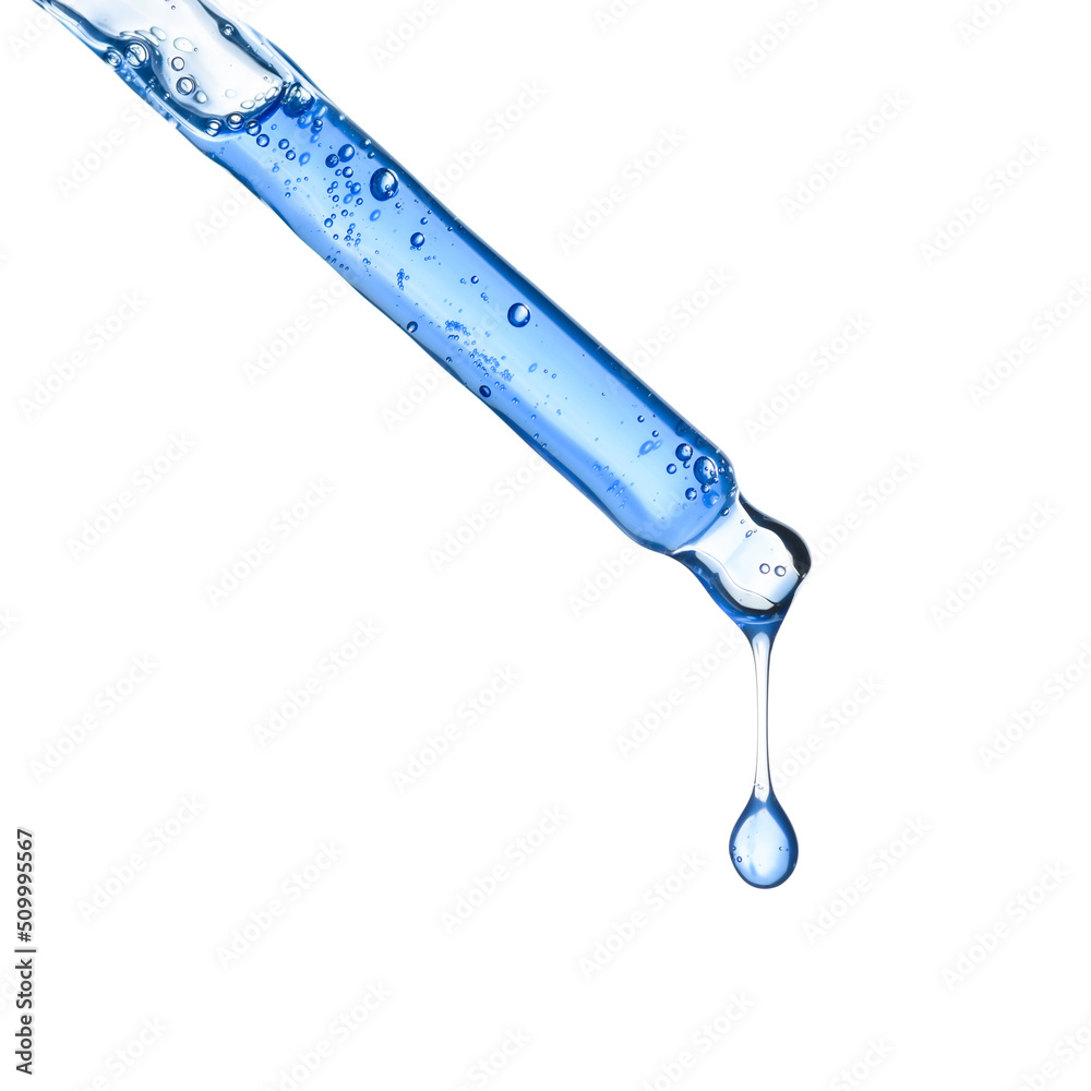 Glass cosmetic pipette dropper with blue skincare serum and hanging liquid drop, isolated on white background Glass cosmetic pipette dropper with blue skincare serum and hanging liquid drop, isolated on white background
