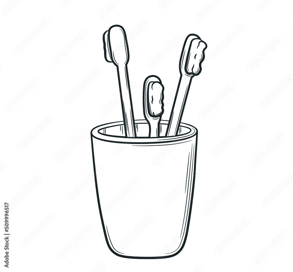 Hand drawn toothbrushes in a glass. Hygiene item in doodle style. Morning routine outline. Isolated vector illustration. Hand drawn toothbrushes in a glass. Hygiene item in doodle style. Morning routine outline. Isolated vector illustration.