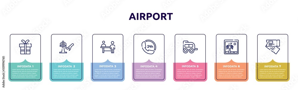 airport concept infographic design template. included birthday gift, airport, persons in an airport, 24 hours phone attention service, two window carriage, vacation images, airplane flight ticket airport concept infographic design template. included birthday gift, airport, persons in an airport, 24 hours phone attention service, two window carriage, vacation images, airplane flight ticket