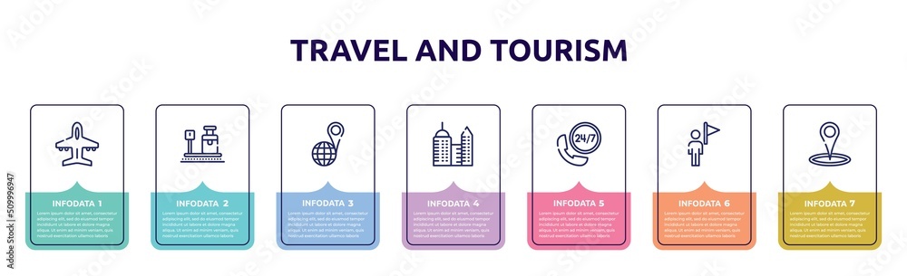 travel and tourism concept infographic design template. included plane diagonal, travelling baggage weight, geolocated place, modern hotel, hotel phone, tourist guide, place point icons and 7 option travel and tourism concept infographic design template. included plane diagonal, travelling baggage weight, geolocated place, modern hotel, hotel phone, tourist guide, place point icons and 7 option