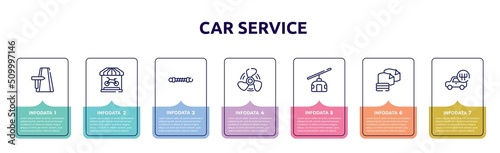 car service concept infographic design template. included road trip, bike shop, damper, ship propeller, null, microfiber, shift icons and 7 option or steps.
