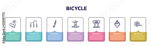 bicycle concept infographic design template. included muscular, gym bars, flyboard, highlining, champ, asian hat, crank arm icons and 7 option or steps.