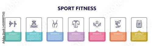 sport fitness concept infographic design template. included disciple, blobbing, slim body, baseball jersey, bodybuilder, kitesurf, whey protein icons and 7 option or steps.