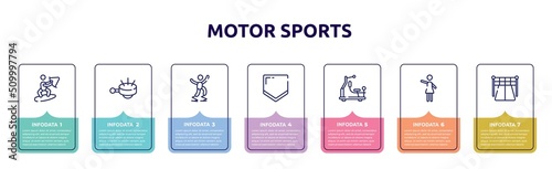 motor sports concept infographic design template. included wakeboarding, ringer, powerbocking, home plate, gym station, hostess, starting point icons and 7 option or steps.