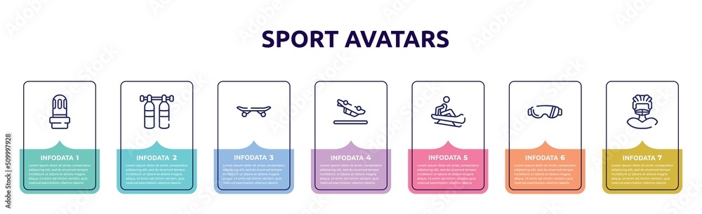 sport avatars concept infographic design template. included led strobe, gas cilinder, longboard, null, sledding, sport sunglasses, rugby player icons and 7 option or steps. sport avatars concept infographic design template. included led strobe, gas cilinder, longboard, null, sledding, sport sunglasses, rugby player icons and 7 option or steps.