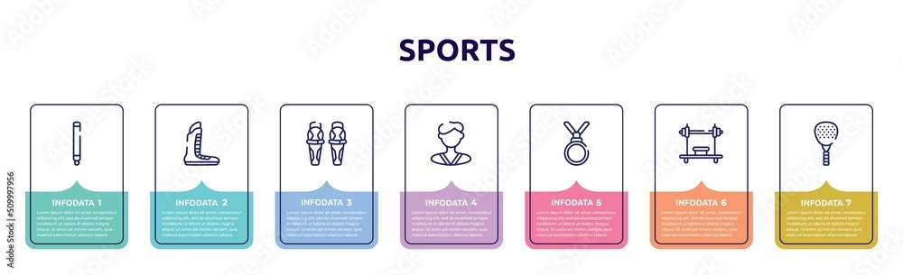 Naklejka premium sports concept infographic design template. included glowstick, boxing shoe, shin, karateka, nobel prize, bench press, padel icons and 7 option or steps.