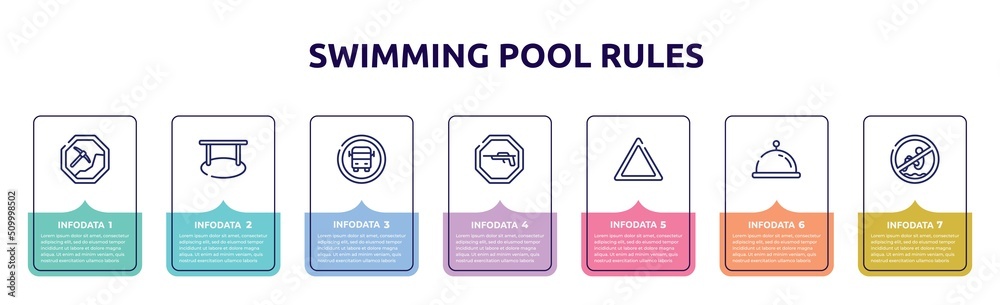 swimming pool rules concept infographic design template. included mining work zone, hanging, school bus stop, hunting zone, any bleach, tray with cover, no bomb jump icons and 7 option or steps.