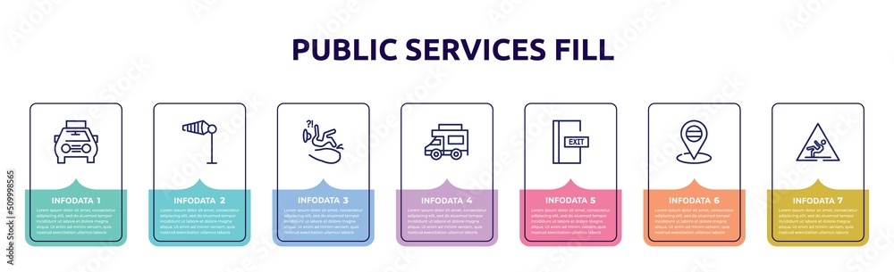 public services fill concept infographic design template. included solar taxi, wind flag, slip, jitney, emergency door, placeholder point, wet floot icons and 7 option or steps. public services fill concept infographic design template. included solar taxi, wind flag, slip, jitney, emergency door, placeholder point, wet floot icons and 7 option or steps.