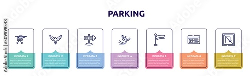 parking concept infographic design template. included air taxi, hawk, one way street, slippery, plain flag, parking card, no turn icons and 7 option or steps.