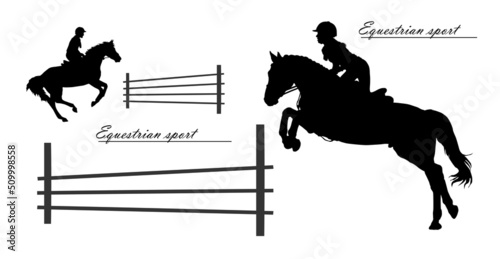 a set of silhouettes. a rider jumping over an obstacle on a horse, isolated images, a black silhouette on a white background. © Viktoria Suslova