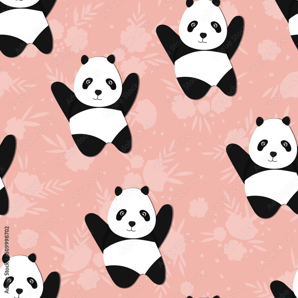 Fototapeta premium Seamless pattern with cute panda baby on color floral background. Funny asian animals. Card, postcards for kids. Flat vector illustration for fabric, textile, wallpaper, poster, gift wrapping paper