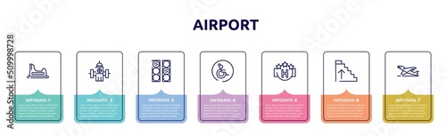 airport concept infographic design template. included baby toilet, water bomb city supplier, semaphore lights, wheelchair side view, square hotel, ascending stairs, take off icons and 7 option or