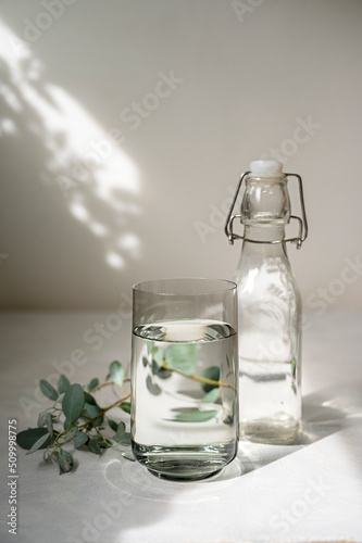 A glass bottle and a glass with water and an eucalyptus brunch, abstract summer shadows on background.